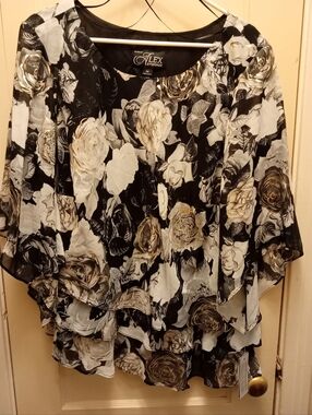 Alex Evenings Black Floral Layered Chiffon Blouse with Cream & Gold Accents